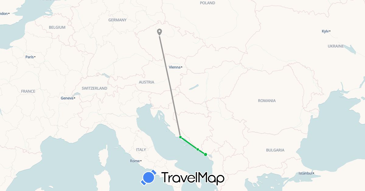 TravelMap itinerary: driving, bus, plane in Czech Republic, Croatia, Montenegro (Europe)